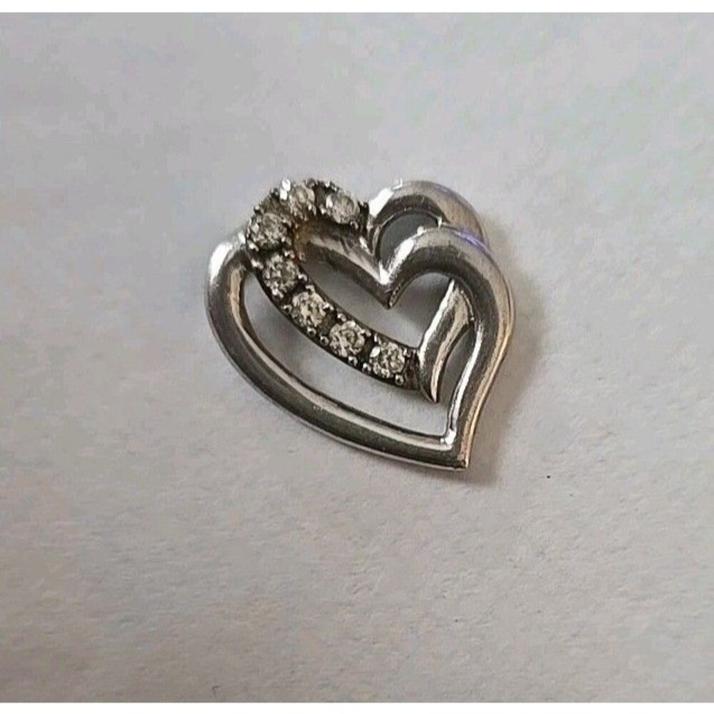 Sterling 925 Silver Double Heart Pendant With Diamonds Accents .75” Inch 1.9gram